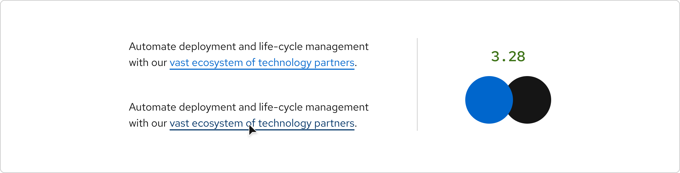 Contrast ratio of a blue link next to black text and an example of a link's darker blue, underlined hover state