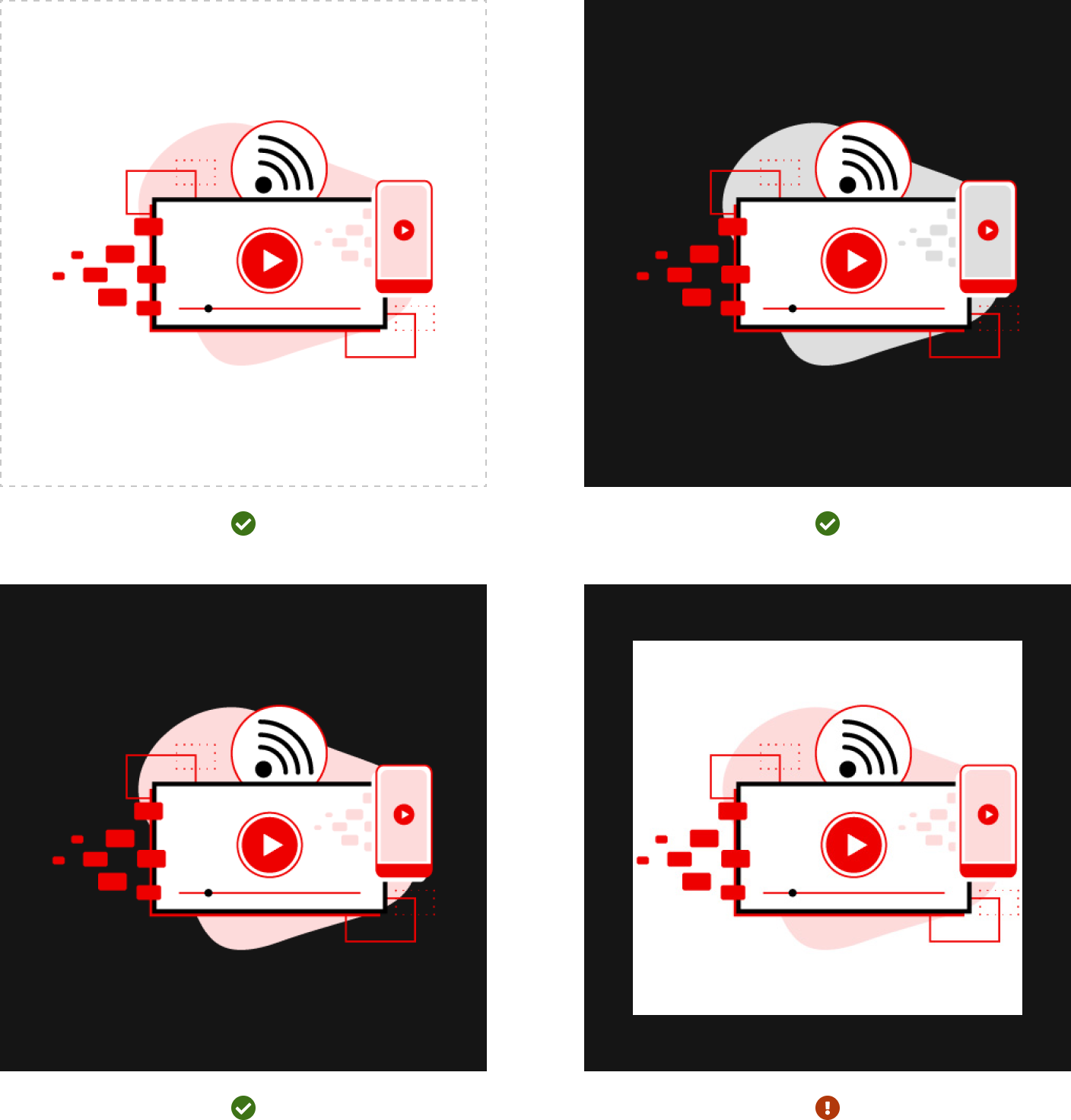 correct uses of an illustration with a transparent background and one illustration incorrectly using a white background in a dark theme area