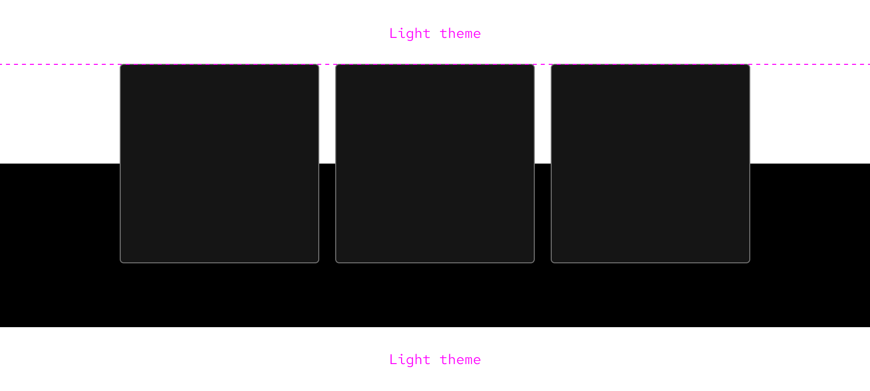 wireframe of cards in a dark theme section extending into a light theme section